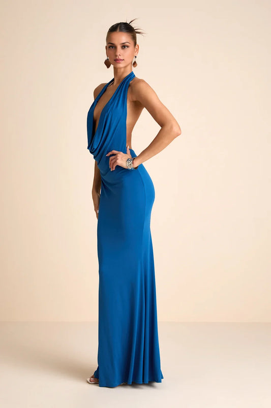 Cobalt Blue Halter-Neck Cowl-Back Mermaid Formal Dress