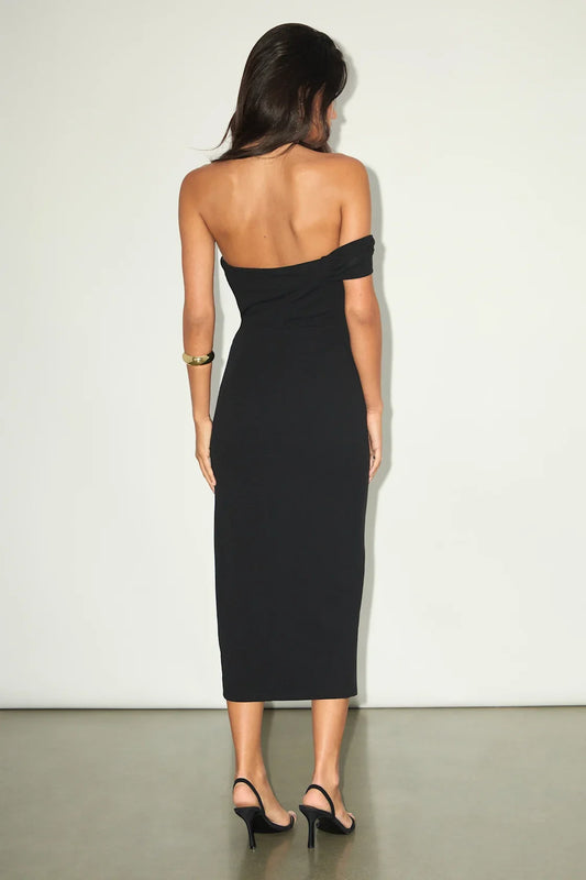 Black Strapless Asymmetrical High-Slit Midi Cocktail Dress