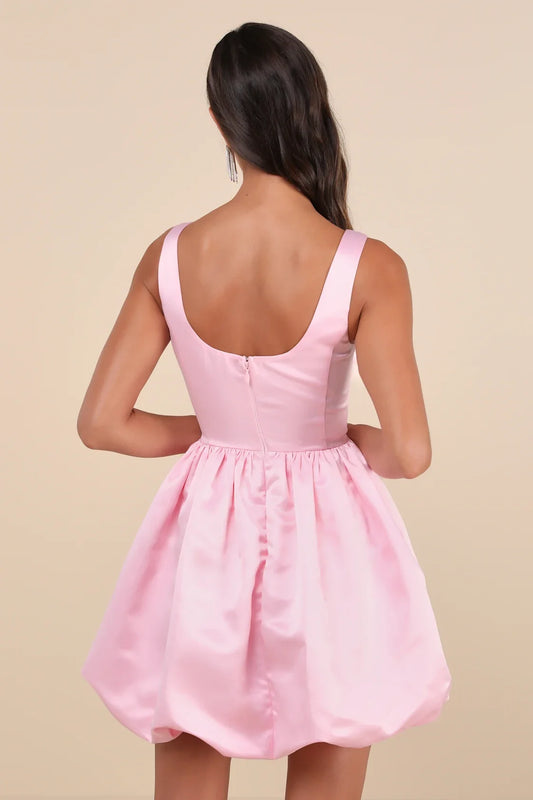 Pink Satin Square-Neck A-Line Homecoming Dress