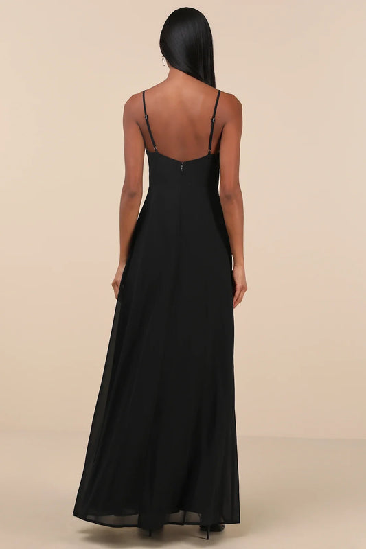 Black Spaghetti-Strap Keyhole Slit Chiffon Maxi Dress