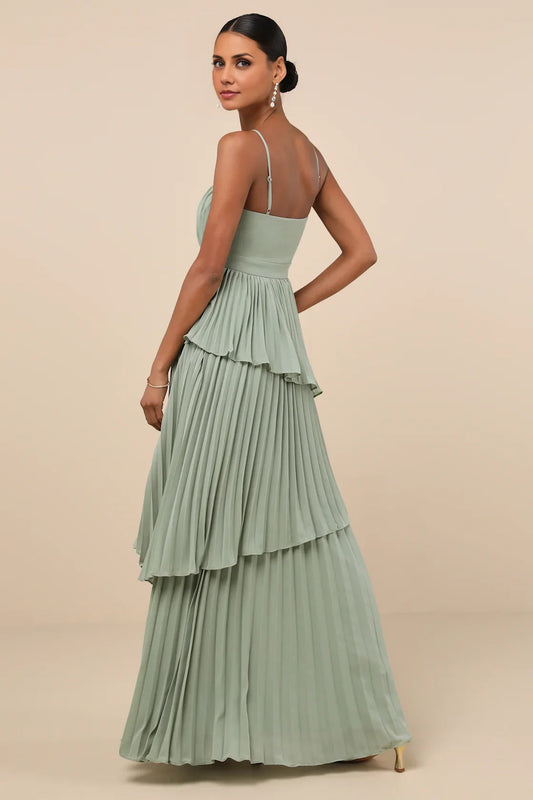 Sage Green Spaghetti-Strap Tiered Pleated Chiffon Prom Dress