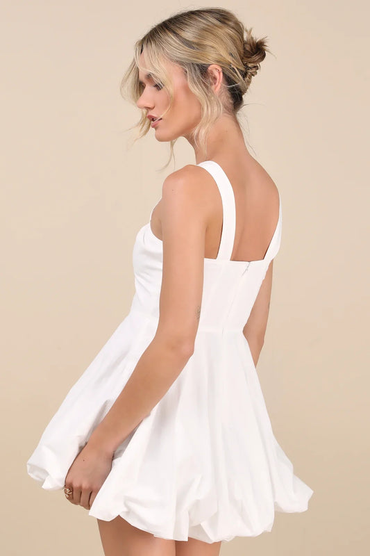 White Square-Neck Sleeveless Bubble-Hem Homecoming Dress