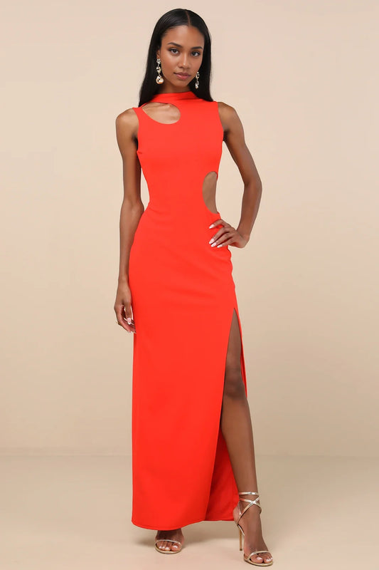 Red High-Neck Cutout-Body High-Slit Formal Dress