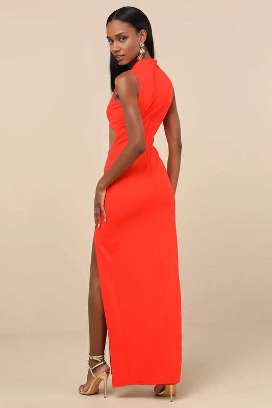 Red High-Neck Cutout-Body High-Slit Formal Dress