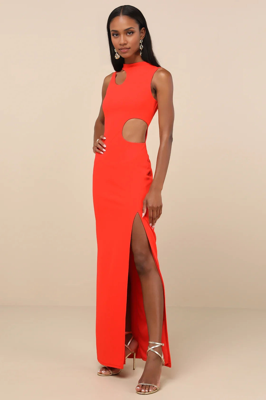 Red High-Neck Cutout-Body High-Slit Formal Dress