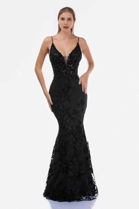Lace-Embellished Mermaid V Neck Spaghetti Strap Open Back Floor Length Prom Dress by YiHuiw