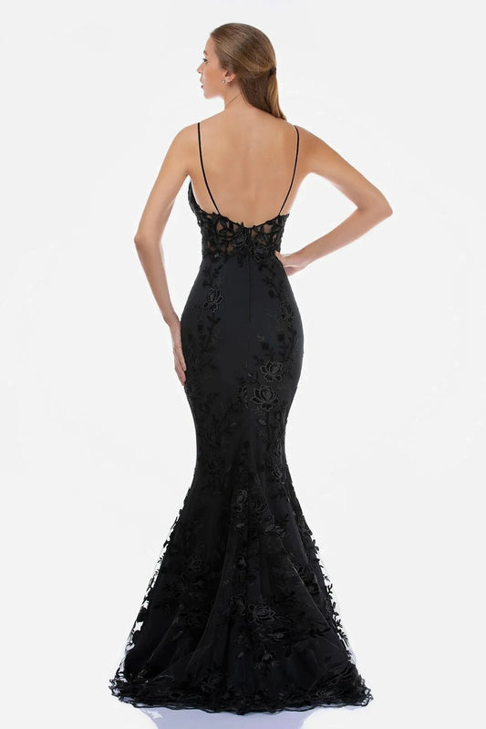 Lace-Embellished Mermaid V Neck Spaghetti Strap Open Back Floor Length Prom Dress by YiHuiw