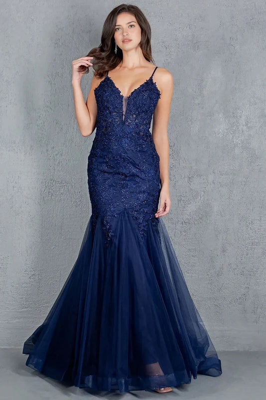 Lace-Embellished Mermaid V Neck Spaghetti Strap Open Back Train Floor Length Prom Dress by YiHuiw