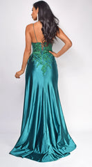 Lace-Intricate Mermaid V Neck Spaghetti-Strap Plunging Lace-Up-Back High-Slit Floor-Length Evening Dress