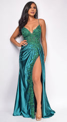 Lace-Intricate Mermaid V Neck Spaghetti-Strap Plunging Lace-Up-Back High-Slit Floor-Length Evening Dress