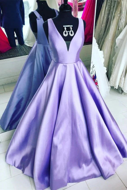 Lavender Satin V-Neck Ball Gown V Neck Lavender Long Ball Gown, Satin Prom Dress, Lavender Prom Dress Party Dresses by YiHuiw