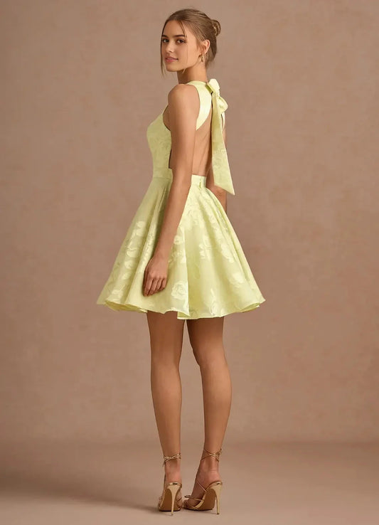 Lemon Yellow Jacquard Mini Dress with Open Back and Bow Detail Leontine Butter Yellow Mini Dress Homecoming Dresses by YiHuiw