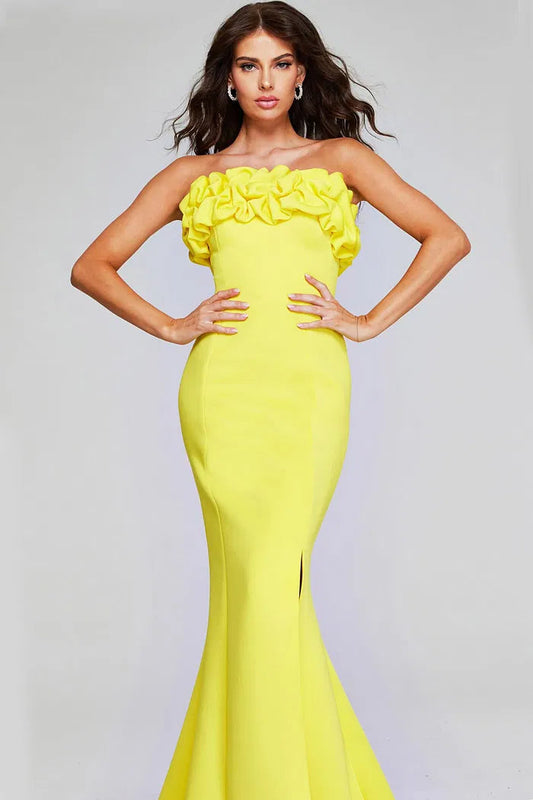 Lemon Yellow Strapless Mermaid Evening Dress with Ruffled Bodice, High Slit and Sweep Train