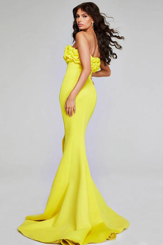 Lemon Yellow Strapless Mermaid Evening Dress with Ruffled Bodice, High Slit and Sweep Train