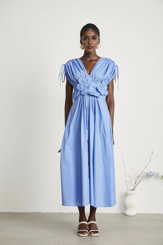 Light Blue Floral Appliqué Ruched Dress petal-detail drawstring maxi dress in Blue Evening Dress by YiHuiw