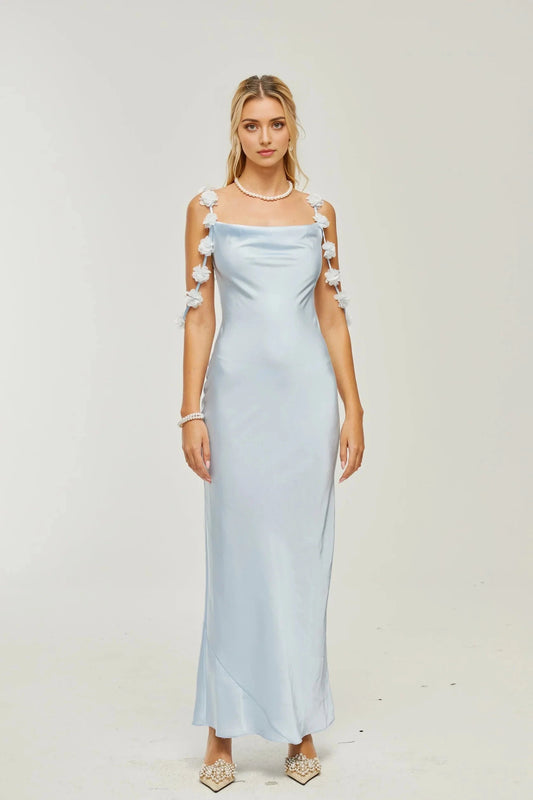 Light Blue Floral - Strap Satin Maxi Dress Capri floral-straps satin maxi dress Evening Dress by YiHuiw