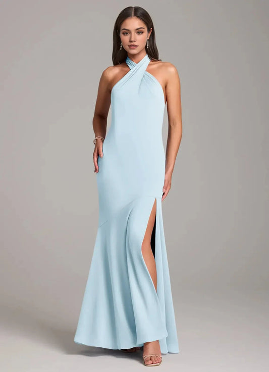 Light Blue Halter Neck Open Back Evening Gown with Side Slit Sky Blue Mermaid Pleated Chiffon Bridesmaid Dresses by YiHuiw