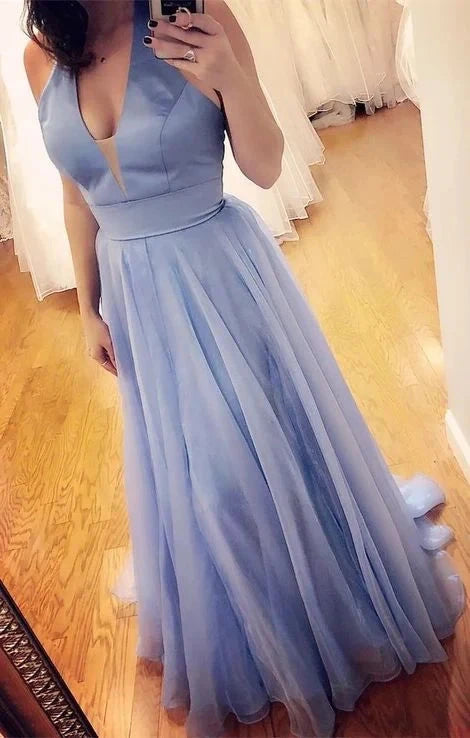 Simple Halter Light Blue Long Prom Dress Light Blue Halter Neck Tulle Evening Gown by YiHuiw