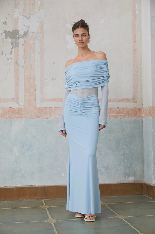 Light Blue Off - Shoulder Ruched Maxi Dress with Sheer Sleeves blue off-shoulder ruched maxi dress Evening Dress by YiHuiw