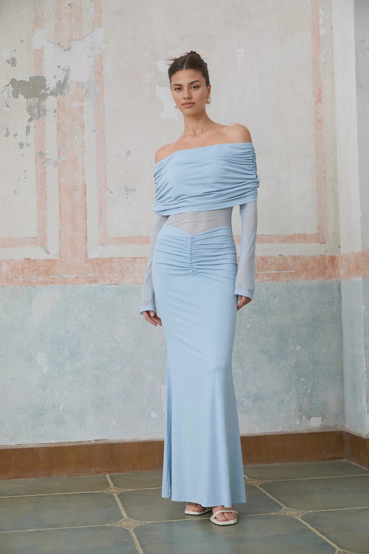 Light Blue Off - Shoulder Ruched Maxi Dress with Sheer Sleeves blue off-shoulder ruched maxi dress Evening Dress by YiHuiw