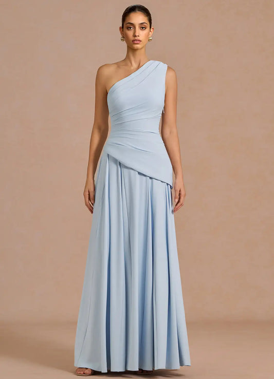 Light Blue A-Line One-Shoulder Lace Asymmetric Floor-Length Wedding Dress - Yihuiw by Yihuiw