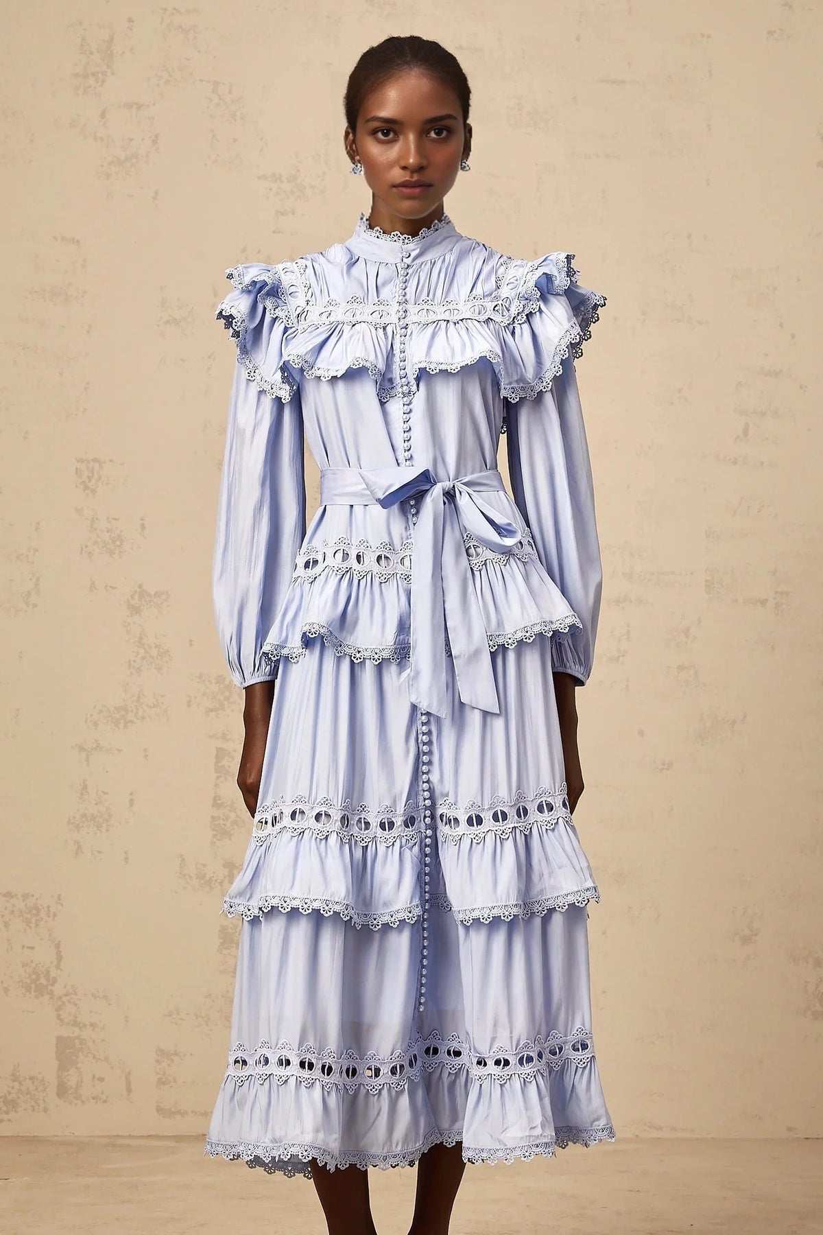 Light Blue Ruffled Lace Midi Dress with Belt blue lace-trim tiered midi dress Evening Dress by YiHuiw