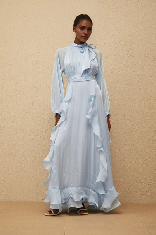 Light Blue Ruffled Maxi Dress with Tie Neck and Waist Detail Blue Glossy Pleated Maxi Dress Evening Dress by YiHuiw