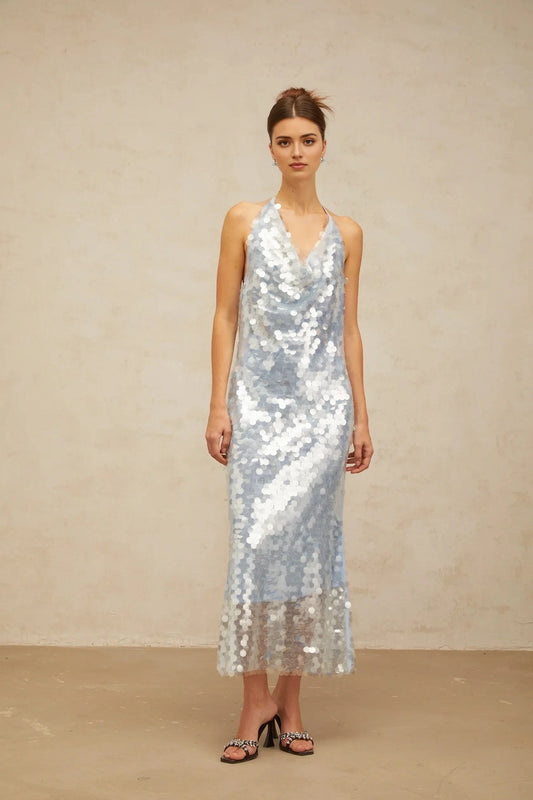Light Blue Sequin Halter Neck Open - Back Midi Dress Babette blue halterneck sequined midi dress Evening Dress by YiHuiw