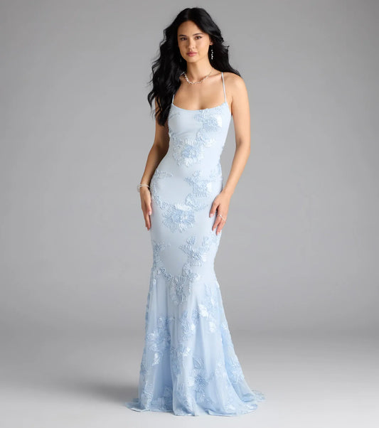 Light Blue Mermaid Spaghetti Strap Lace Lace-Up Back Floor-Length Wedding Dress - Yihuiw by Yihuiw