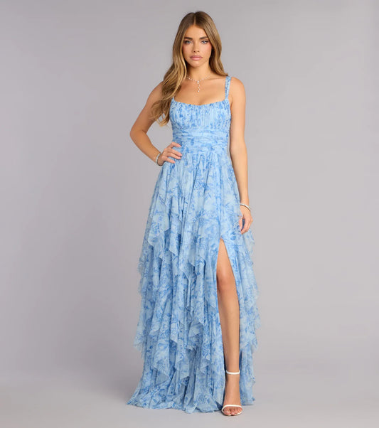 Light Blue A-Line Spaghetti Strap High Slit Floor-Length Wedding Dress - Yihuiw by Yihuiw