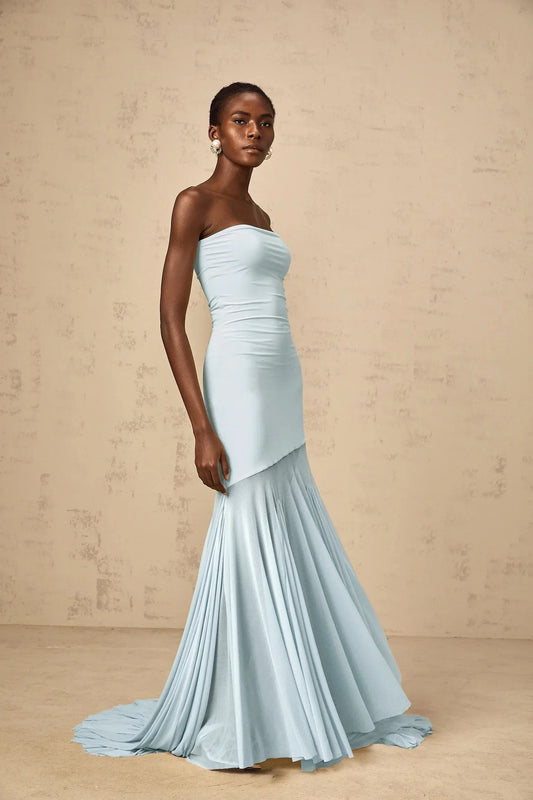 Light Blue Strapless Maxi Dress with Flowing Train Blue Off-shoulder Sheer Tulle Maxi Dress Evening Dress by YiHuiw