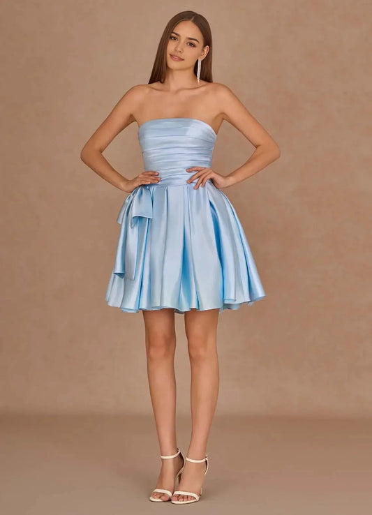 Light Blue Strapless Satin Mini Dress with Bow Detail Aurae Sky Blue Mini Dress Homecoming Dresses by YiHuiw
