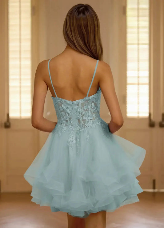 Light Blue Tulle Spaghetti Strap Mini Dress with Lace Detail Viviara Blue Mini Dress Homecoming Dresses by YiHuiw