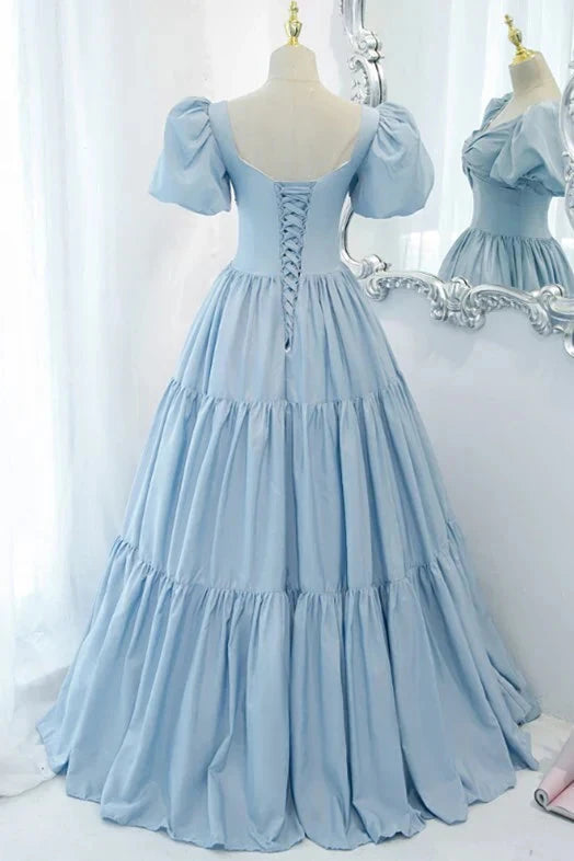 Light Blue Ball Gown Long Formal Dress Short Sleeves simple gentle atmospheric and unique desi Bring summer colors to enhance whiteness by YiHuiw