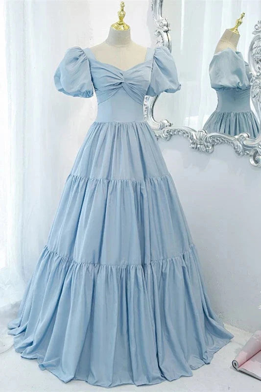 Light Blue Ball Gown Long Formal Dress Short Sleeves simple gentle atmospheric and unique desi Bring summer colors to enhance whiteness by YiHuiw