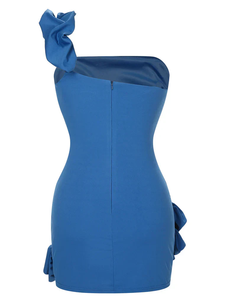 Light blue "Garden Elf" dress with strapless design, single-sided lotus shoulder and flower bud arrangement, perfect for date parties by YiHuiw
