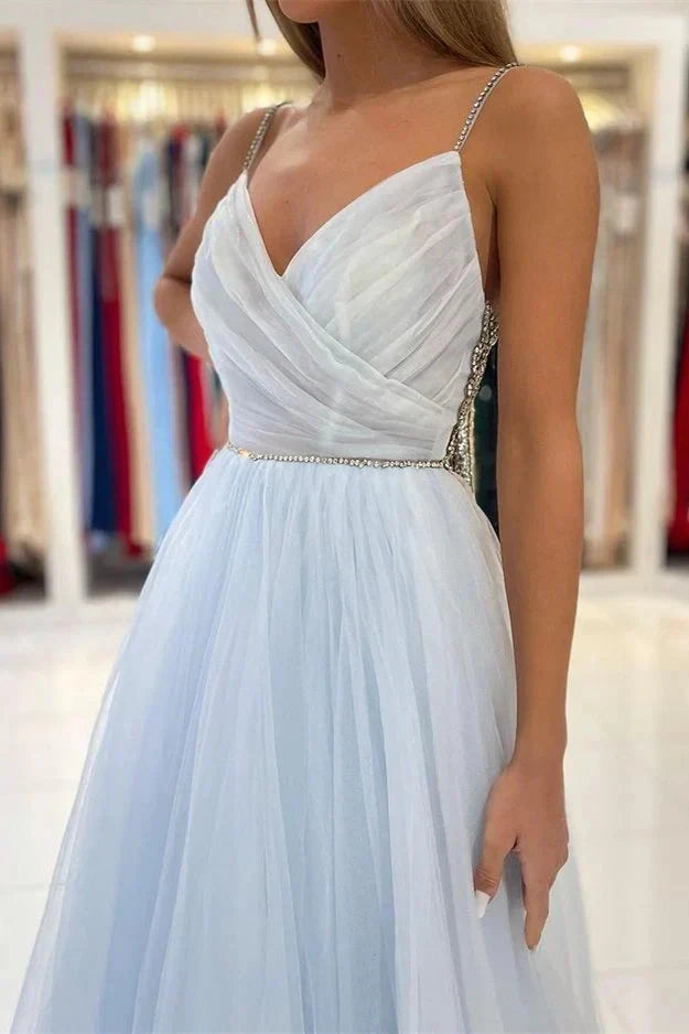 Light blue chiffon dress with deep V-neck strap suitable for dinner parties by YiHuiw