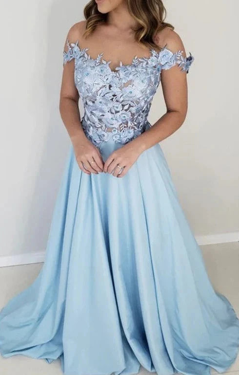 Light blue off shoulder long dress dress with off shoulder design and lace pattern decoration suitable for dinners, dances, etc by YiHuiw