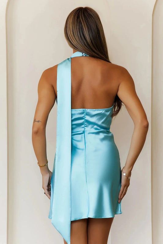 Light blue satin halter dress with a deep V-neck design and a ribbon decoration at the collar, suitable for parties, dates, and other occasions by YiHuiw