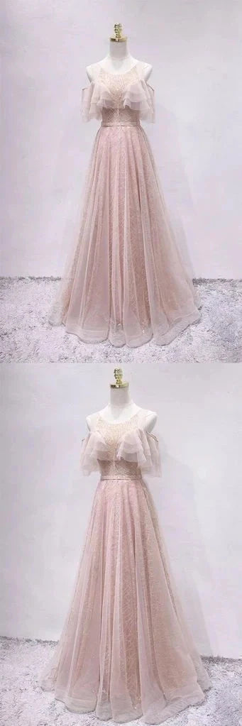 Light pink chiffon dress, round neck off shoulder sequin embroidery suitable for dinner parties by YiHuiw