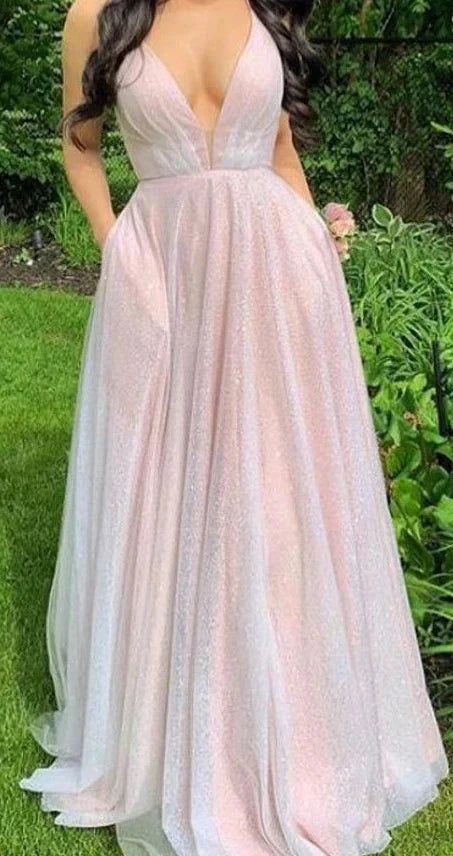 Light pink long dress dress with deep V-neck and thin straps suitable for dinners, dances, etc by YiHuiw