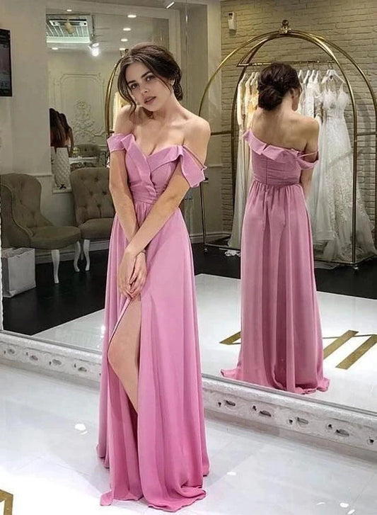 Light pink off shoulder long dress, with an off shoulder design and pleated body, suitable for dinners, parties, etc by YiHuiw