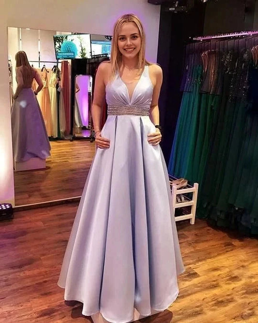 Light purple long camisole dress with deep V-neckline design suitable for dinners, dances, parties, etc by YiHuiw