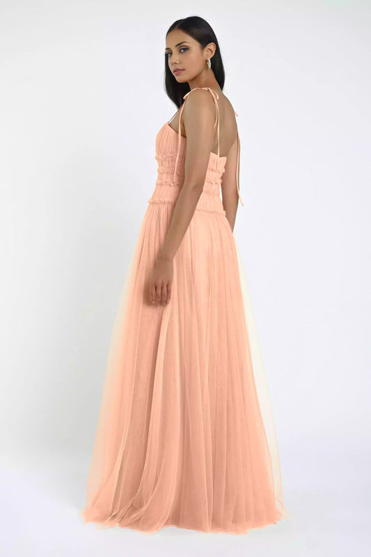 Lightweight and soft chiffon thin shoulder straps with low waist design paired with delicate ruffled Bridesmaid Dresses