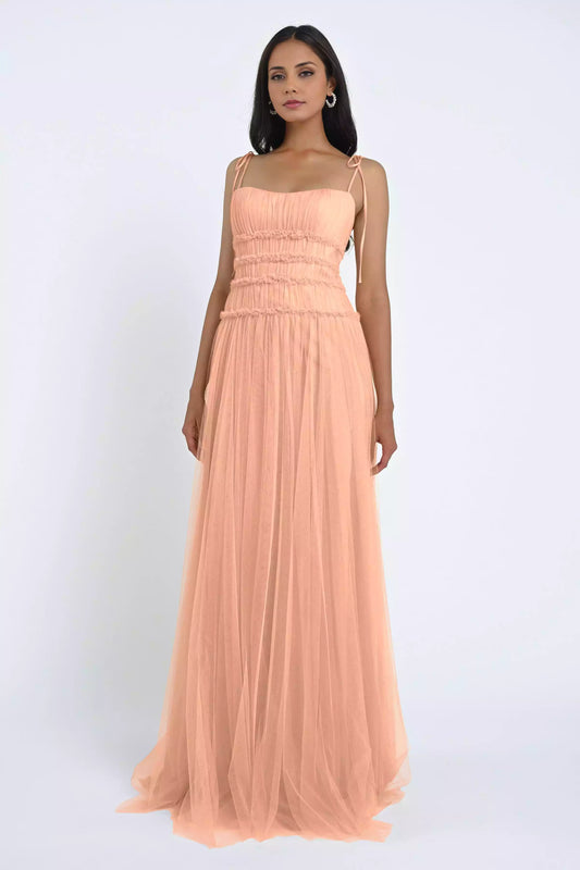 Lightweight and soft chiffon thin shoulder straps with low waist design paired with delicate ruffled Bridesmaid Dresses