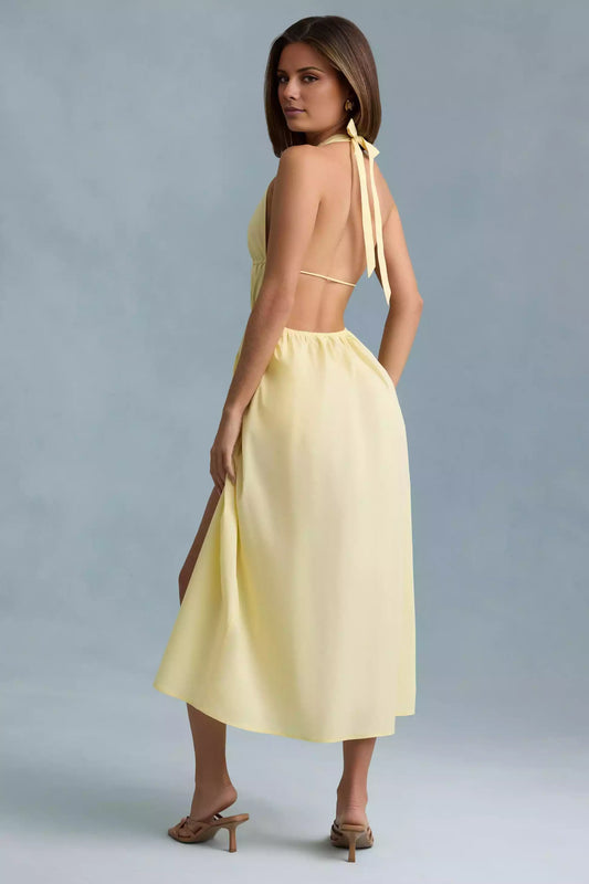 Lightweight deep V-neck hollowed out slender lace up hanging neck cylindrical silhouette Prom Dresses
