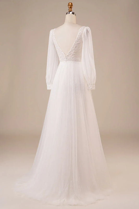 A-Line Tulle Puff Sleeve Train Wedding Dress - Yihuiw by Yihuiw