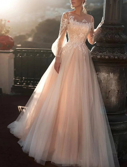 A-Line Illusion Tulle Puff Sleeve Train Wedding Dress - Yihuiw by Yihuiw