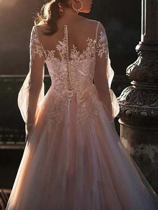 A-Line Illusion Tulle Puff Sleeve Train Wedding Dress - Yihuiw by Yihuiw