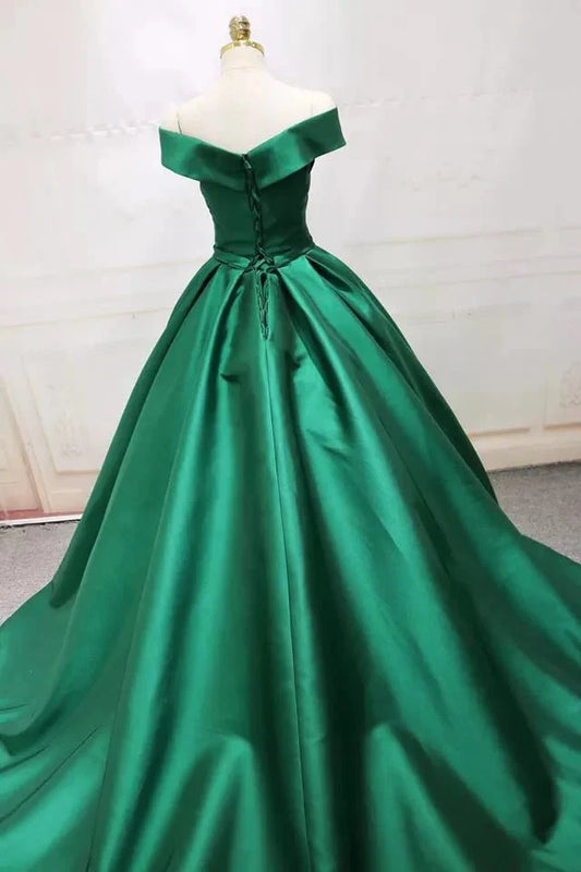 Long Green Satin V-neck Ball Gowns Prom Dresses Off The Shoulder simple gentle atmospheric and unique desi Bring summer colors to enhance whiteness by YiHuiw
